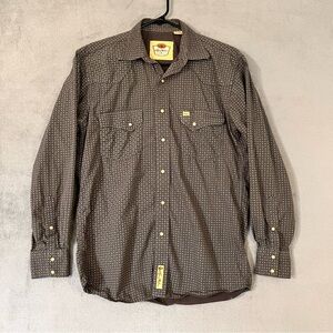Larry Malone Cowboy Collection Shirt Pearl Snap Brown Print Mens M Long Sleeve